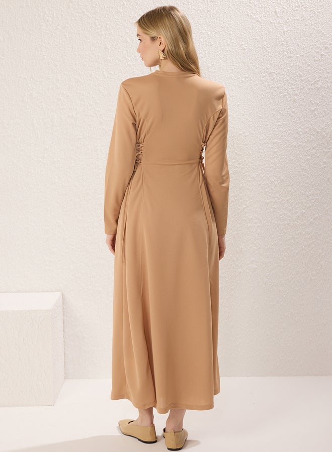 trendyol Camel Lacing Rope Detailed Knitted Crepe Dress - Image 4