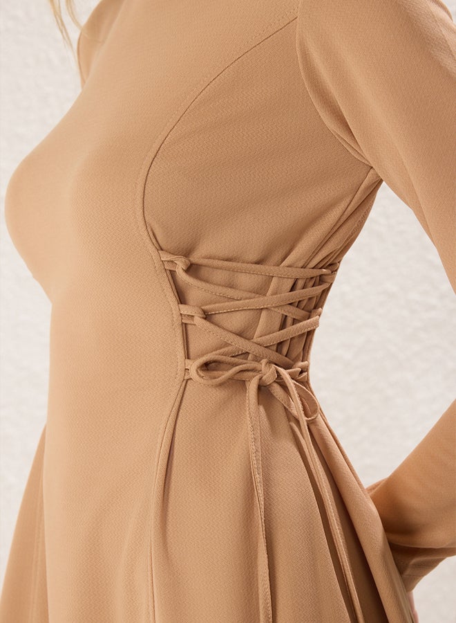 trendyol Camel Lacing Rope Detailed Knitted Crepe Dress - Image 3