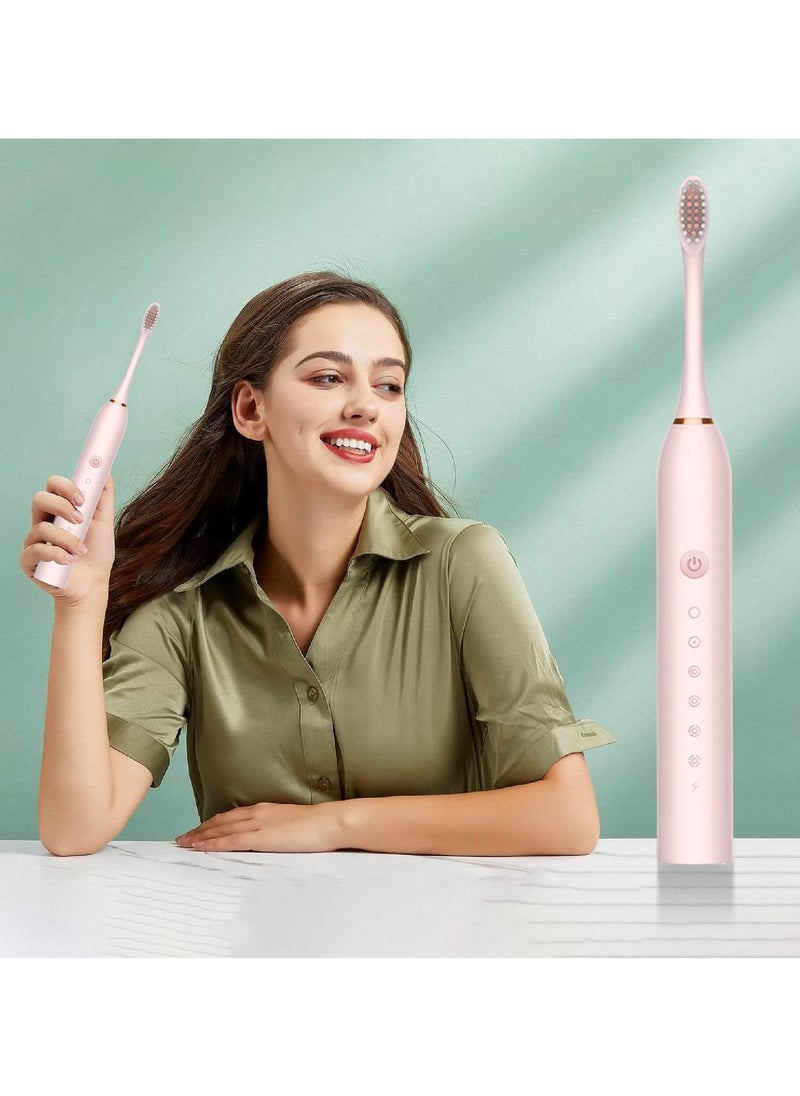 Sonic Electric Toothbrushes, USB Rechargeable Ultrasonic Tooth Brush with 4 Brush Heads 6 Cleaning Modes and Smart Timer IPX7 Waterproof Cleaning Toothbrushes for Adults and Kids（Pink）