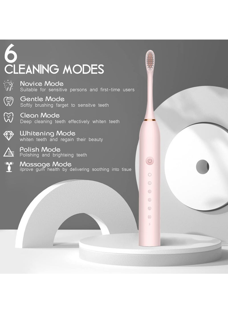 Sonic Electric Toothbrushes, USB Rechargeable Ultrasonic Tooth Brush with 4 Brush Heads 6 Cleaning Modes and Smart Timer IPX7 Waterproof Cleaning Toothbrushes for Adults and Kids（Pink）