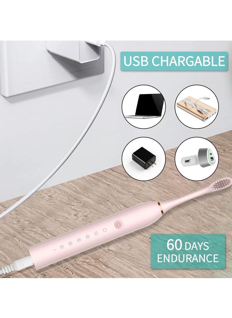 Sonic Electric Toothbrushes, USB Rechargeable Ultrasonic Tooth Brush with 4 Brush Heads 6 Cleaning Modes and Smart Timer IPX7 Waterproof Cleaning Toothbrushes for Adults and Kids（Pink）