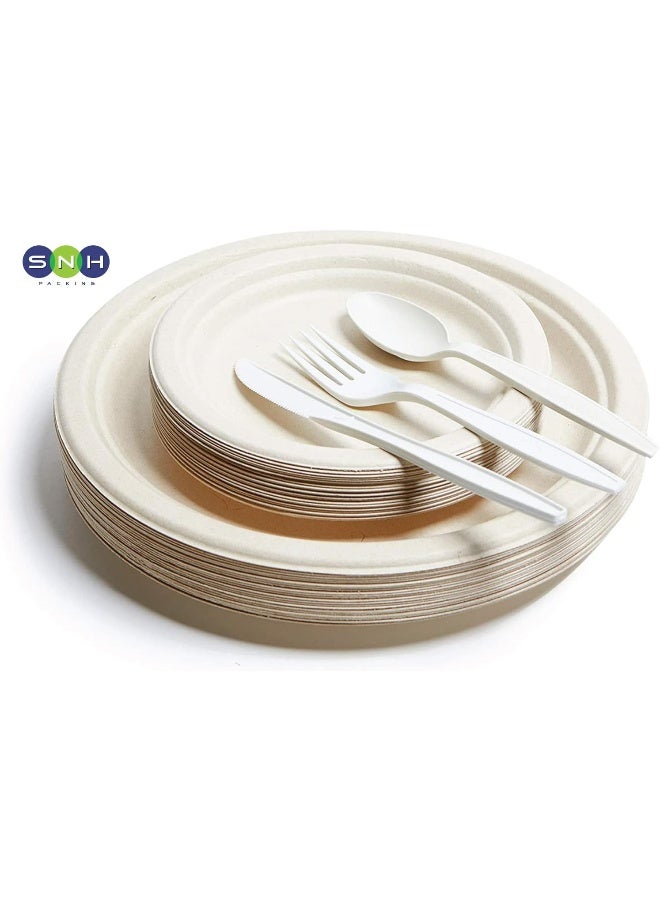 إس إن إتش باكينج مجموعة أدوات مائدة بيضاء للاستخدام مرة واحدة من SNH، تتضمن 50 قطعة من الشوك والملاعق والسكاكين مع مناديل ورقية - Image 2