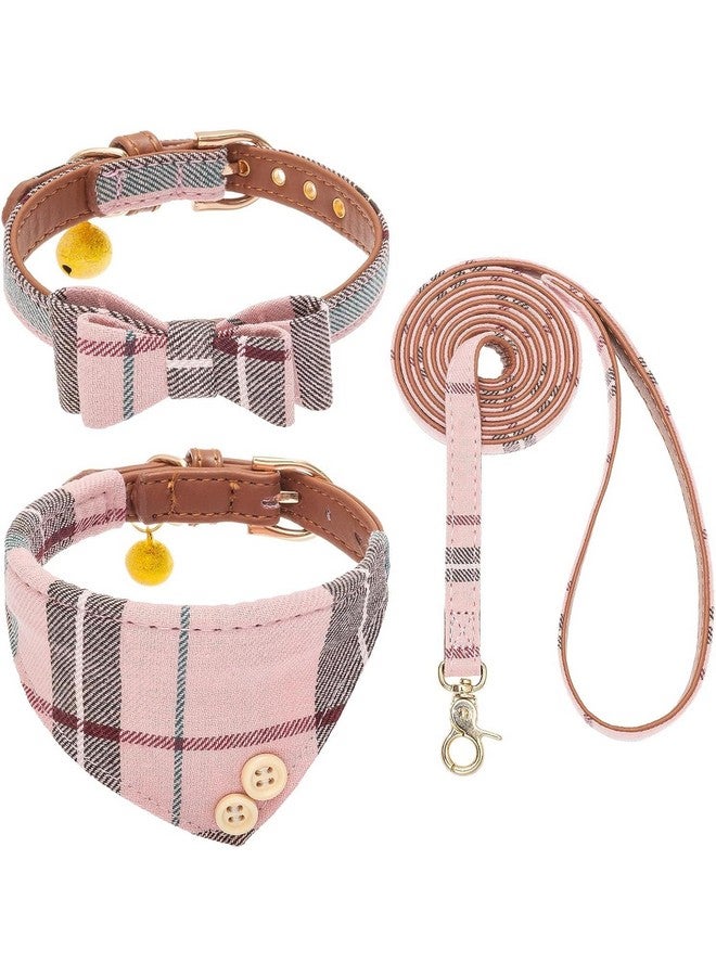 كولتيل طقم طوق ومقود للكلاب الصغيرة من KOOLTAIL مع ربطة عنق وأجراس - طوق ومقود للجراء للإناث/الذكور بنمط منقوش كلاسيكي متناسق، ومقود من الجلد الناعم للكلاب الصغيرة للأولاد والبنات باللون الوردي المنقوش - Image 1