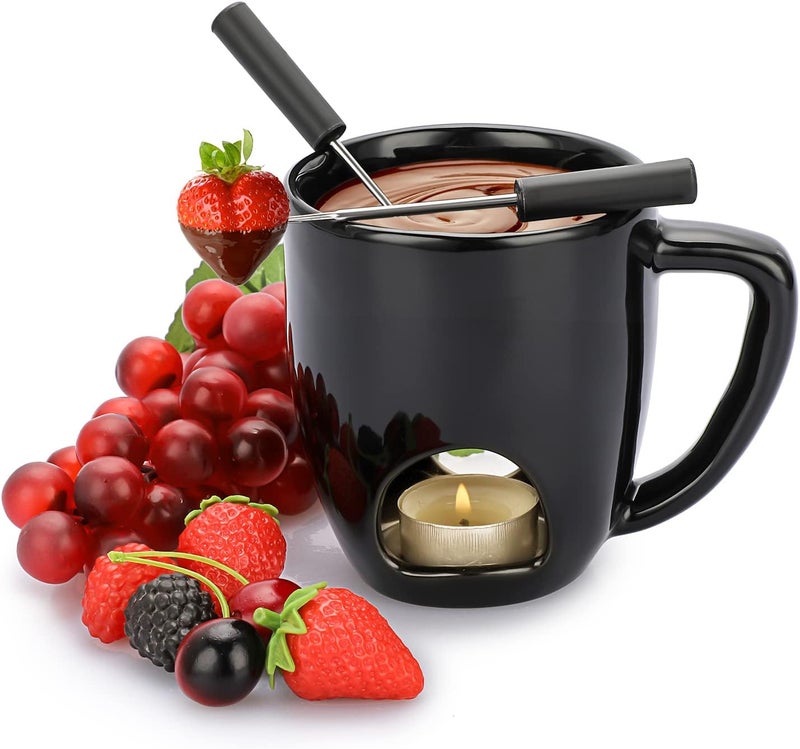 BSTKEY 230ML Personal Chocolate Fondue Mug Set, Ceramic Butter Warmer Set, Mini Melt Hot Pot Cup Set for Cheese Chocolate Butter Caramel, with 2 Forks (Black) - Image 1