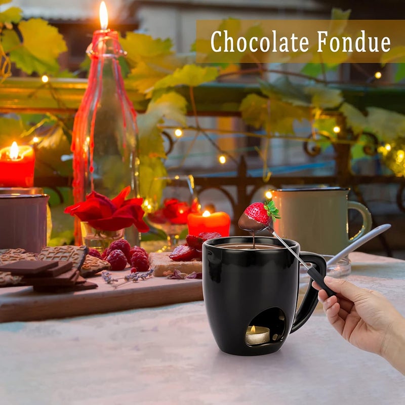 BSTKEY 230ML Personal Chocolate Fondue Mug Set, Ceramic Butter Warmer Set, Mini Melt Hot Pot Cup Set for Cheese Chocolate Butter Caramel, with 2 Forks (Black) - Image 3