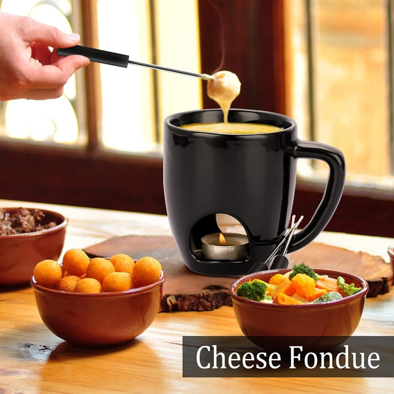 BSTKEY 230ML Personal Chocolate Fondue Mug Set, Ceramic Butter Warmer Set, Mini Melt Hot Pot Cup Set for Cheese Chocolate Butter Caramel, with 2 Forks (Black) - Image 4