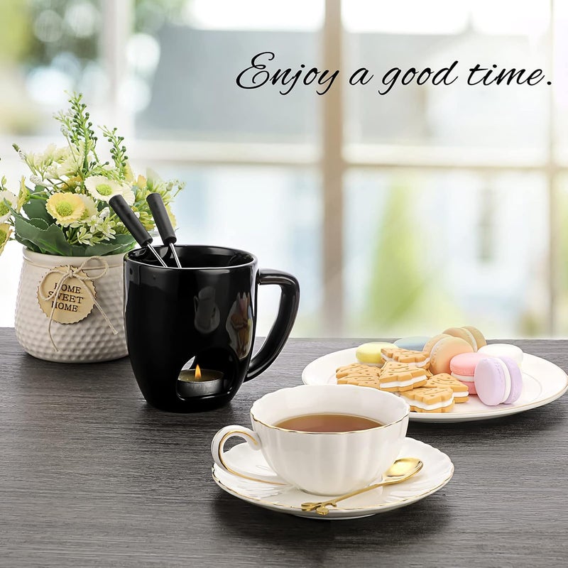 BSTKEY 230ML Personal Chocolate Fondue Mug Set, Ceramic Butter Warmer Set, Mini Melt Hot Pot Cup Set for Cheese Chocolate Butter Caramel, with 2 Forks (Black) - Image 5