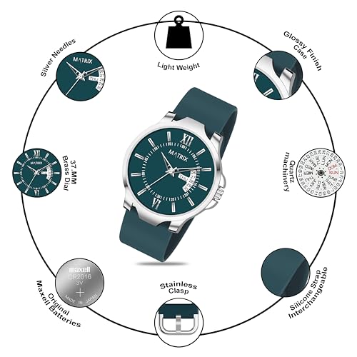 Matrix Antique 2.0 Day & Date Softest Silicone Strap Analog Watch for Men & Boys (Teal) - Image 3