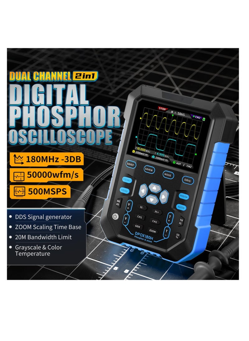 Excefore - Digital Oscilloscope, DPOX180H 2 Channels Digital Phosphor Oscilloscope, 2 in 1 Handheld Oscilloscope, DDS Signal Generator, 180Mhz Bandwidth 500MSa/s Sampling Rate, for Automobile Maintenance - Image 1