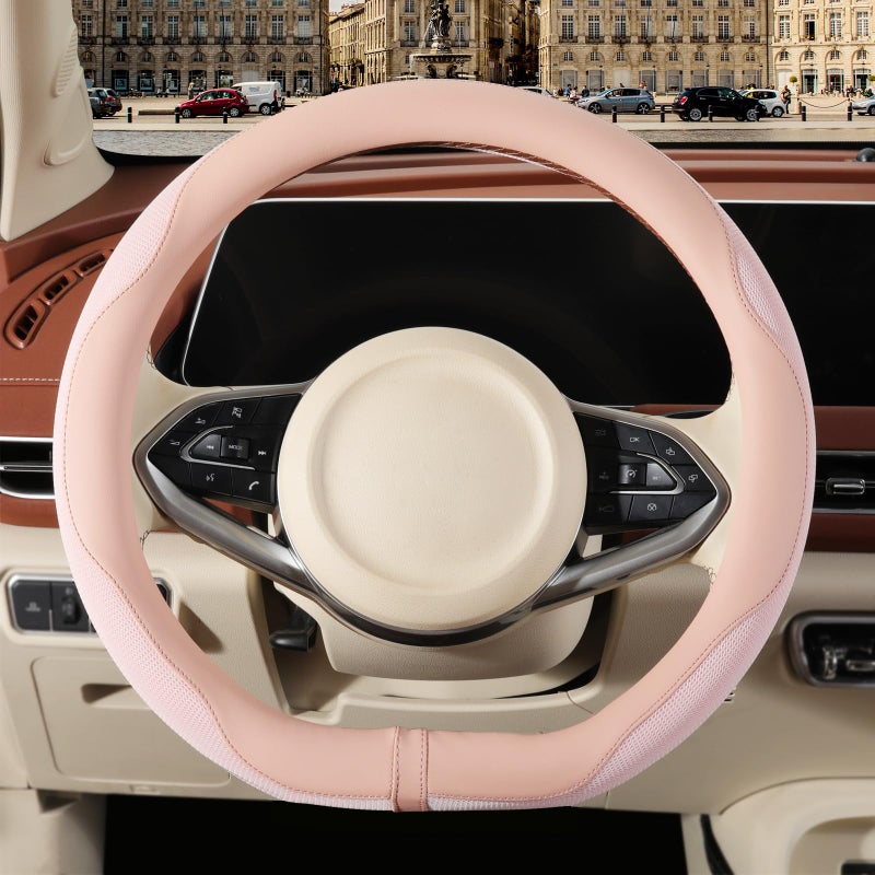 Binsheo Nappa Leather Pink D Shape Steering Wheel Cover, Advanced Microfiber Leather Non-Slip Breathable Fabric, Warm in Winter and Cool in Summer, Universal 15 inch - Image 1
