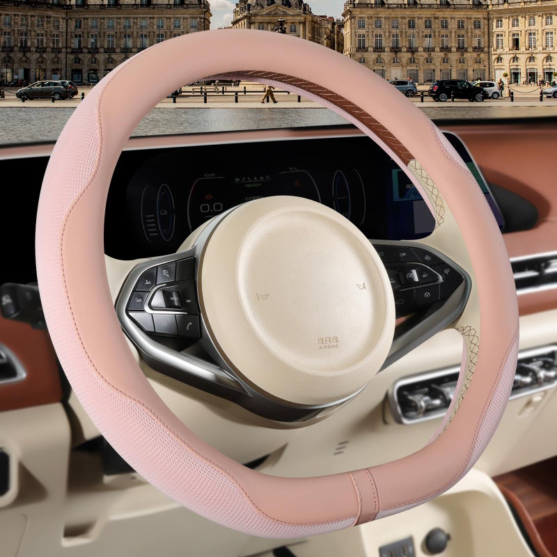 Binsheo Nappa Leather Pink D Shape Steering Wheel Cover, Advanced Microfiber Leather Non-Slip Breathable Fabric, Warm in Winter and Cool in Summer, Universal 15 inch - Image 2