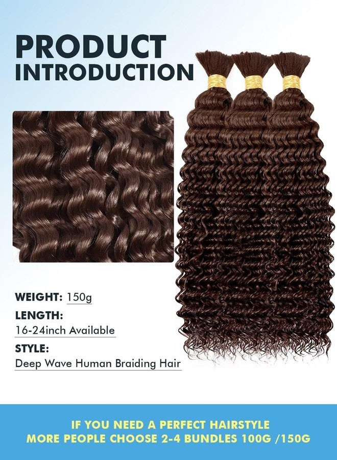 Highlight Human Braiding Hair for Boho Braids 150g 16 Inch Chocolate Brown Curly Boho Hair for Braiding Knotless 12A Deep Wave Bulk Bohemian 3 Bundles/Pack Color 4 - Image 2