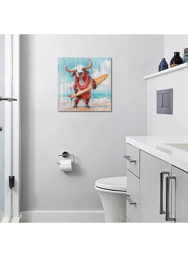 Arjun Animal Cow Canvas Wall Art Blue Ocean Cute Painting Woodgrain Coastal Teal Turquoise Picture Framed Beach - Image 5