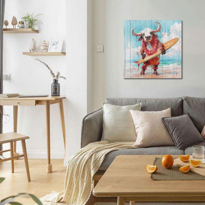 Arjun Animal Cow Canvas Wall Art Blue Ocean Cute Painting Woodgrain Coastal Teal Turquoise Picture Framed Beach - Image 2