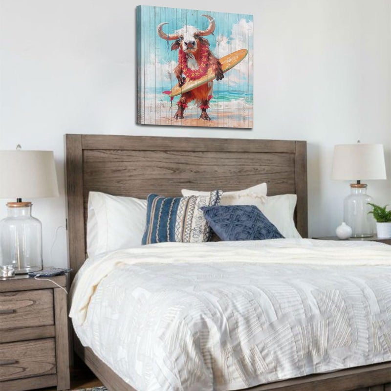 Arjun Animal Cow Canvas Wall Art Blue Ocean Cute Painting Woodgrain Coastal Teal Turquoise Picture Framed Beach - Image 3