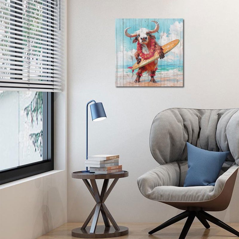 Arjun Animal Cow Canvas Wall Art Blue Ocean Cute Painting Woodgrain Coastal Teal Turquoise Picture Framed Beach - Image 4