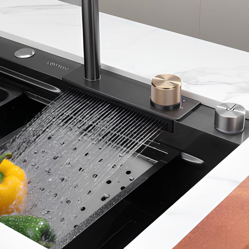 DALVIX DALVIX Premium 304 Grade 37 X 18 X 9 Waterfall Kitchen Sink Single Bowl With Integrated Waterfall And Pull Down Faucet Fruit Baskets And With Complete Accessories Honeycomb Matt Black Design - Image 3