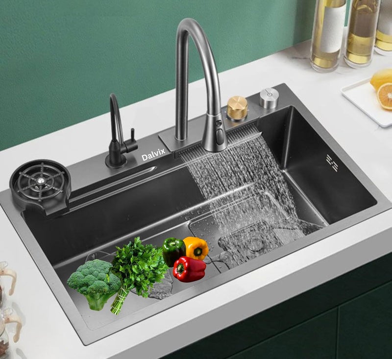 DALVIX DALVIX Premium 304 Grade 37 X 18 X 9 Waterfall Kitchen Sink Single Bowl With Integrated Waterfall And Pull Down Faucet Fruit Baskets And With Complete Accessories Honeycomb Matt Black Design - Image 1