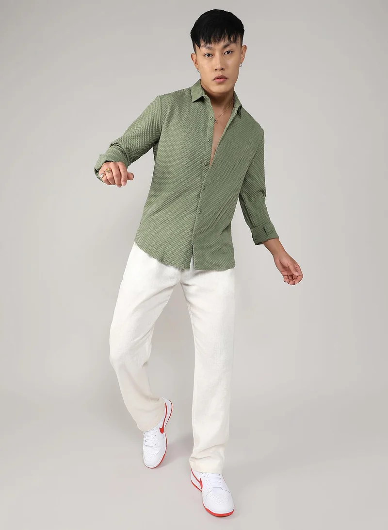 CAHOOT  Men's Pistachio Green Textured Micro Buffalo Check Shirt for Men | Best Price UAE