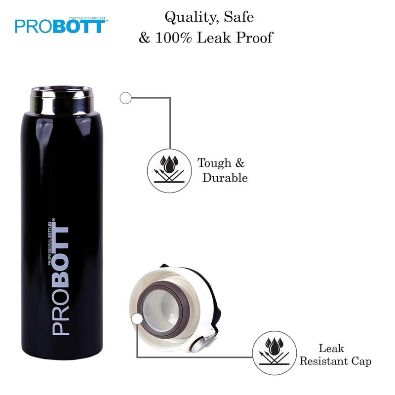 PROBOTT Probott Icon 1000 ml Thermosteel Vacuum Insulated Double Walled Thermos Flask 1 Litre, Black | Flip Top Cap | Leakproof | Gym | Sports | Office | Home | Kitchen | Travel | Water, Tea, Coffee, Shakes  - Image 2