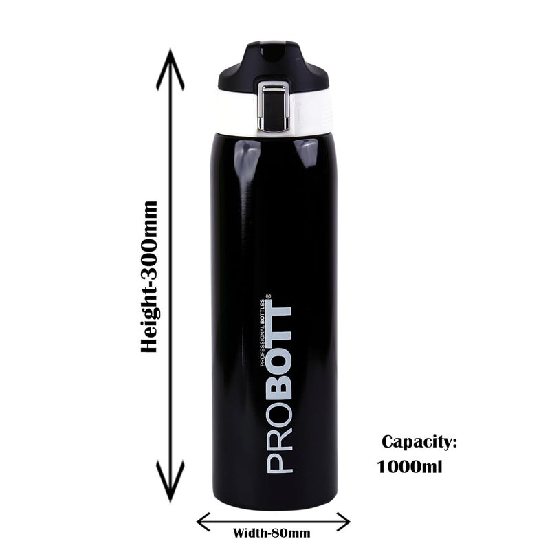 PROBOTT Probott Icon 1000 ml Thermosteel Vacuum Insulated Double Walled Thermos Flask 1 Litre, Black | Flip Top Cap | Leakproof | Gym | Sports | Office | Home | Kitchen | Travel | Water, Tea, Coffee, Shakes  - Image 4