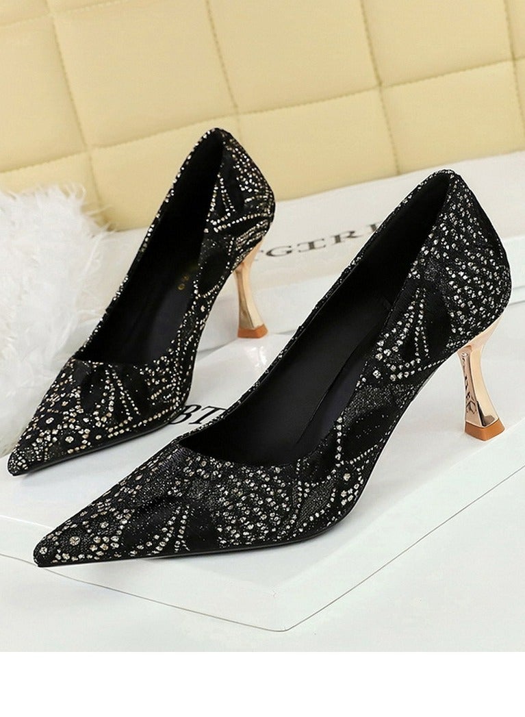 BIGTREE Women's Sparkly Lace Stiletto Pumps Pointed Closed Toe High Heels 7CM Black - Image 1