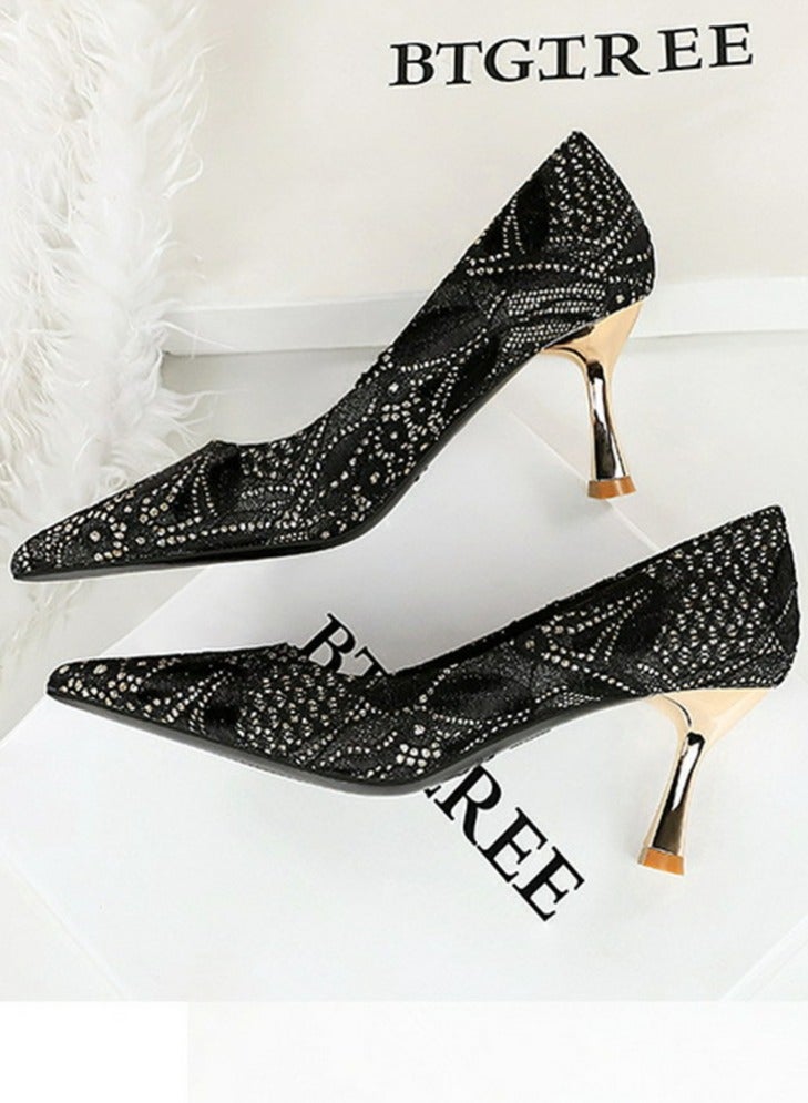 BIGTREE Women's Sparkly Lace Stiletto Pumps Pointed Closed Toe High Heels 7CM Black - Image 3