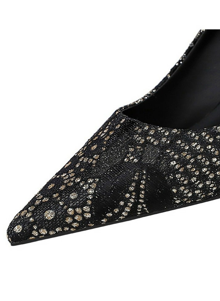 BIGTREE Women's Sparkly Lace Stiletto Pumps Pointed Closed Toe High Heels 7CM Black - Image 4