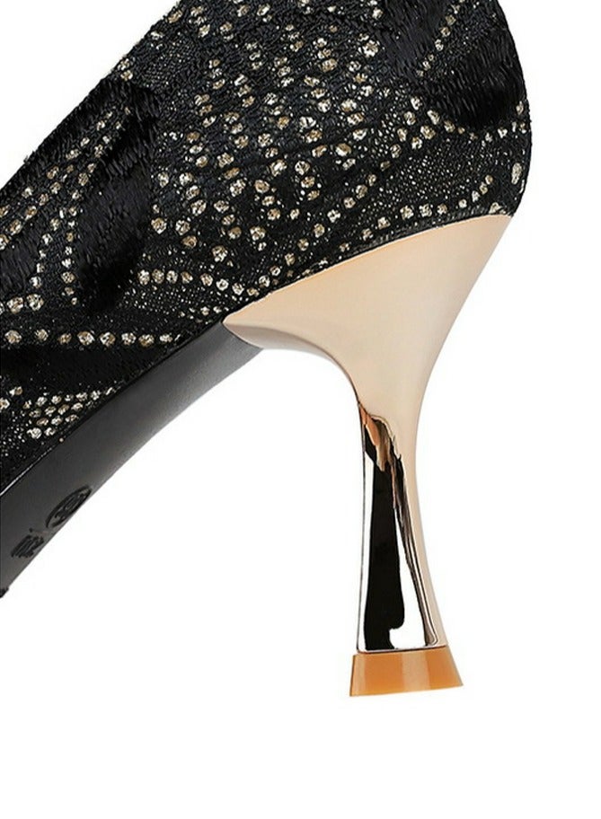 BIGTREE Women's Sparkly Lace Stiletto Pumps Pointed Closed Toe High Heels 7CM Black - Image 5