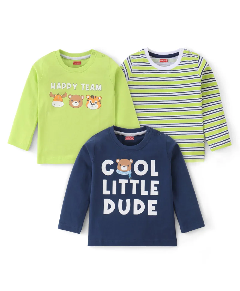 babyhug Babyhug 100% Cotton Knit Full Sleeves T-Shirt Pack of 3 with Bear Graphic - Multicolour