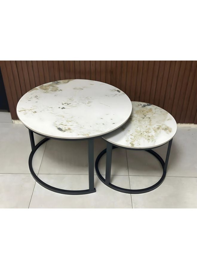 SULSHA Nesting Tables Removable Set of 2 End Table, Round Coffee Tables with Black Metal Frame Legs and Marble White Top for Living Room, Bedroom, Office, Balcony, Apartment (Grey) - Image 1