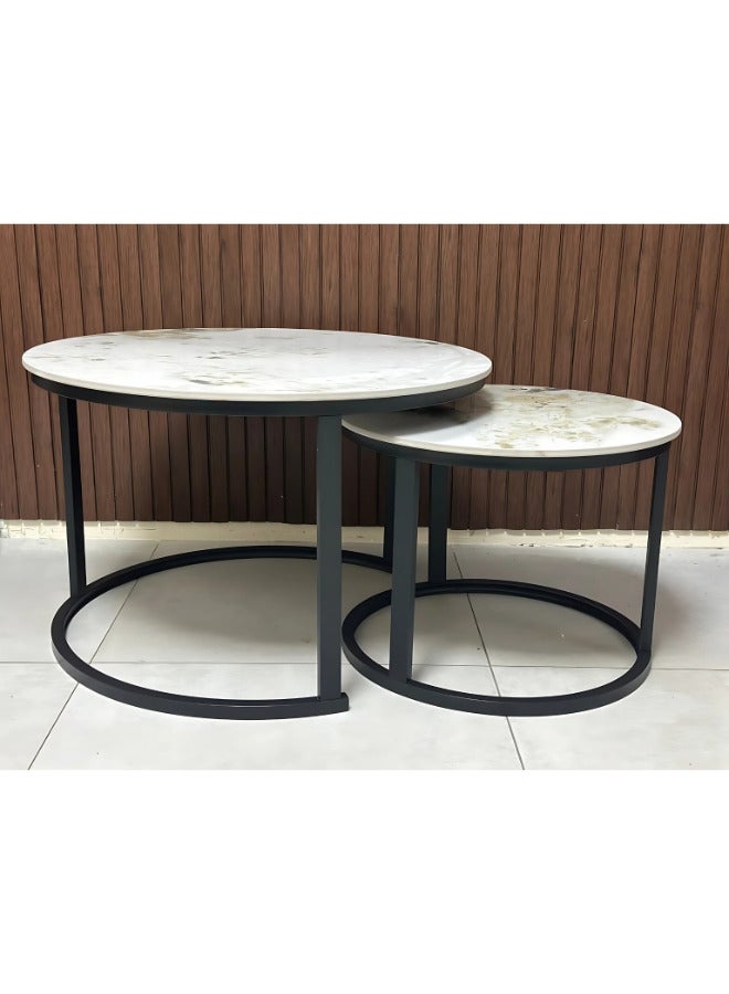 SULSHA Nesting Tables Removable Set of 2 End Table, Round Coffee Tables with Black Metal Frame Legs and Marble White Top for Living Room, Bedroom, Office, Balcony, Apartment (Grey) - Image 2