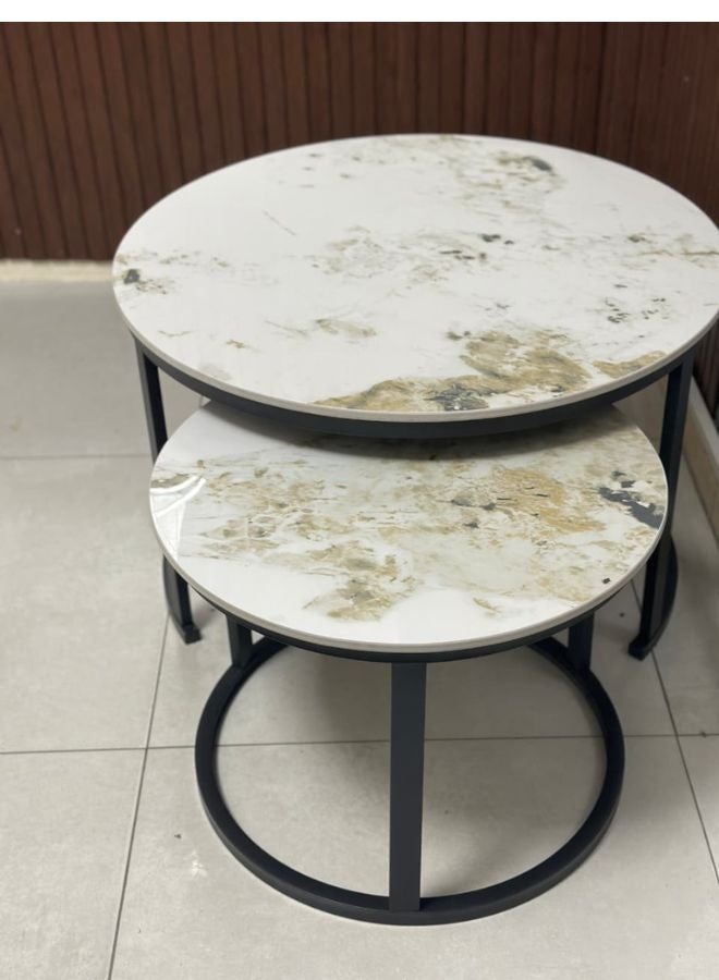 SULSHA Nesting Tables Removable Set of 2 End Table, Round Coffee Tables with Black Metal Frame Legs and Marble White Top for Living Room, Bedroom, Office, Balcony, Apartment (Grey) - Image 4