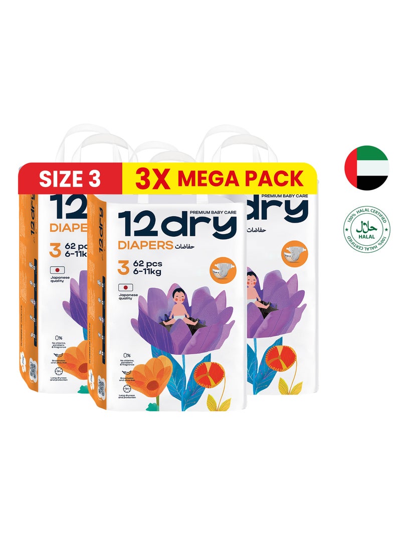 12dry Diapers Size 3 Count 186 – Premium Baby Care, 100% Ultra-Absorbent Japanese Tech, Dual-Layer, Thin & Breathable, Eco-Friendly, Hypoallergenic, Soft Elastic Waistband for Active Babies - Image 1
