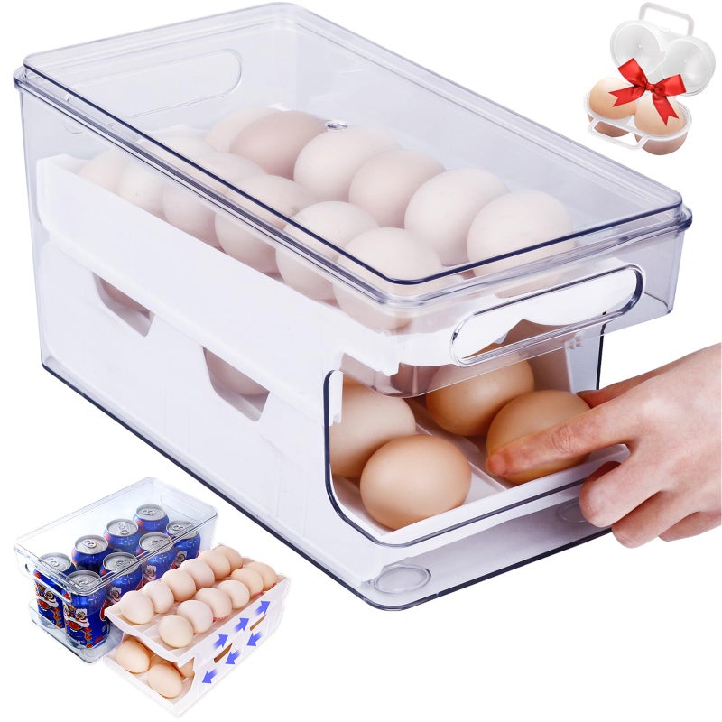 24Count Automatic Rolling Egg Holder for Refrigerator  Egg Dispenser Organizer with 2Egg Carrier Case