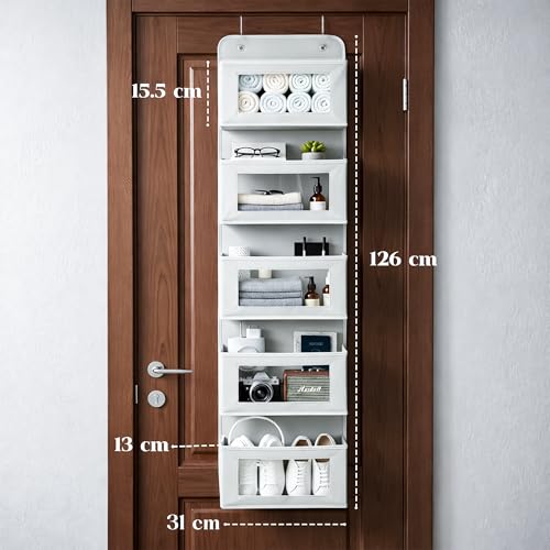 CLAPONE Over the Door Organizer/Large Pockets – Anti-Tilt Hanging Storage for Bedroom/Closet Door Storage/Bathroom/Pantry/Nursery/Bedroom (Grey, 5 Shelf Hanging Door) - Image 2
