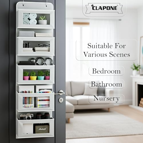 CLAPONE Over the Door Organizer/Large Pockets – Anti-Tilt Hanging Storage for Bedroom/Closet Door Storage/Bathroom/Pantry/Nursery/Bedroom (Grey, 5 Shelf Hanging Door) - Image 5