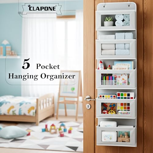 CLAPONE Over the Door Organizer/Large Pockets – Anti-Tilt Hanging Storage for Bedroom/Closet Door Storage/Bathroom/Pantry/Nursery/Bedroom (Grey, 5 Shelf Hanging Door) - Image 3