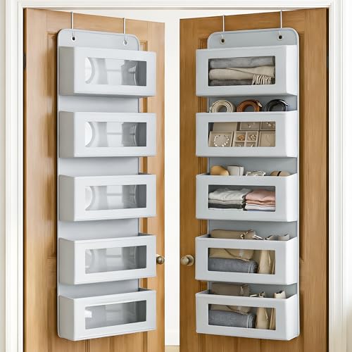 CLAPONE Over the Door Organizer/Large Pockets – Anti-Tilt Hanging Storage for Bedroom/Closet Door Storage/Bathroom/Pantry/Nursery/Bedroom (Grey, 5 Shelf Hanging Door) - Image 1
