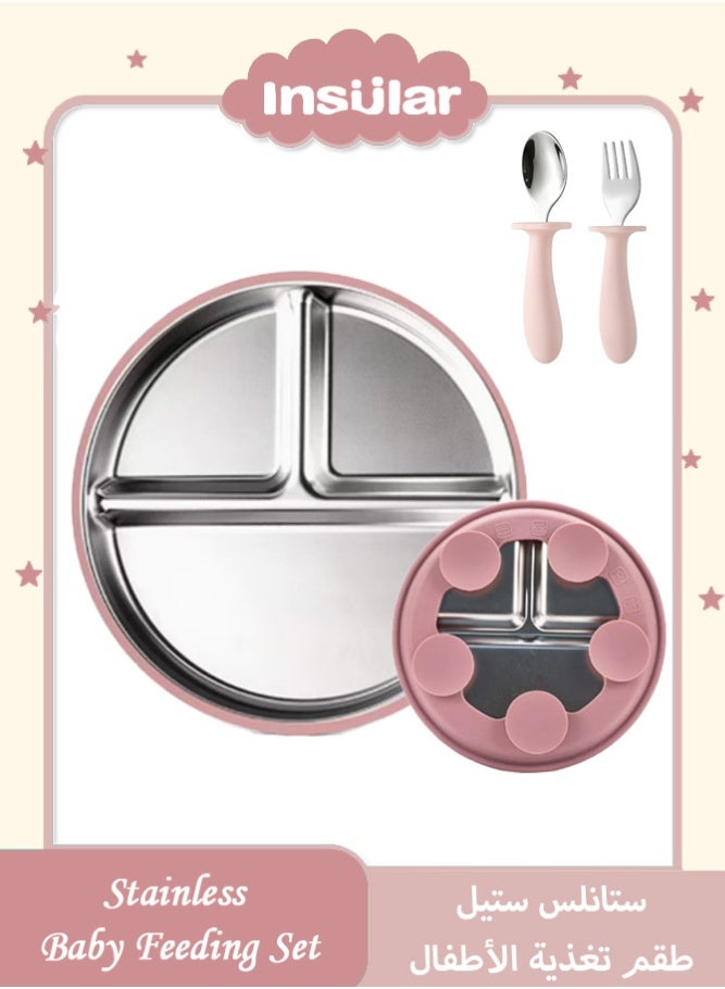 insular Stainless Steel Baby Plate with Suction, 5 Suction Cups Divided Plate with Removable 304 Stainless Steel Inner Tray, BPA-Free Silicone Baby Feeding Plate with Spoon and Fork for Toddlers (Pink) - Image 1