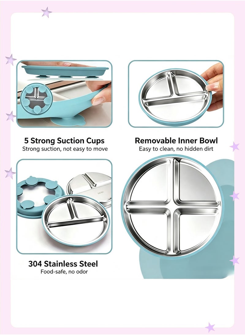 insular Stainless Steel Baby Plate with Suction, 5 Suction Cups Divided Plate with Removable 304 Stainless Steel Inner Tray, BPA-Free Silicone Baby Feeding Plate with Spoon and Fork for Toddlers (Pink) - Image 2
