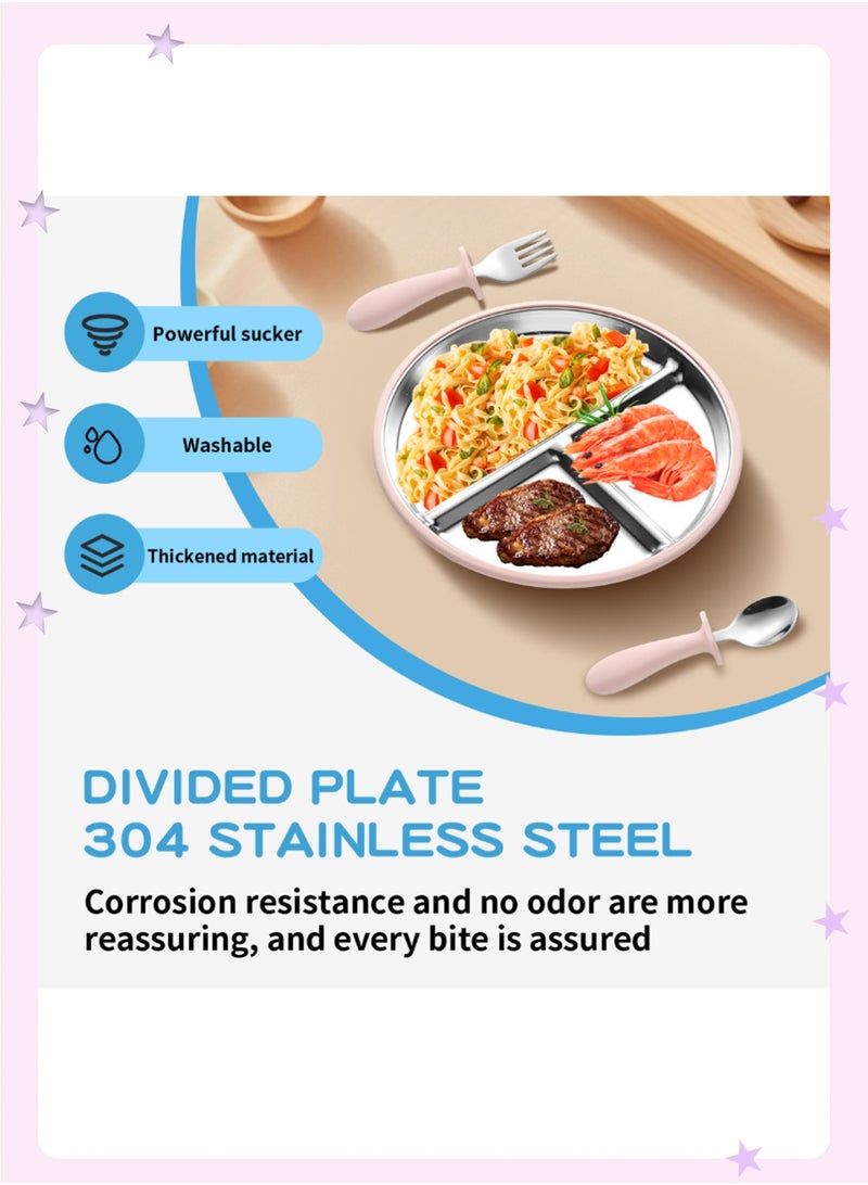 insular Stainless Steel Baby Plate with Suction, 5 Suction Cups Divided Plate with Removable 304 Stainless Steel Inner Tray, BPA-Free Silicone Baby Feeding Plate with Spoon and Fork for Toddlers (Pink) - Image 4