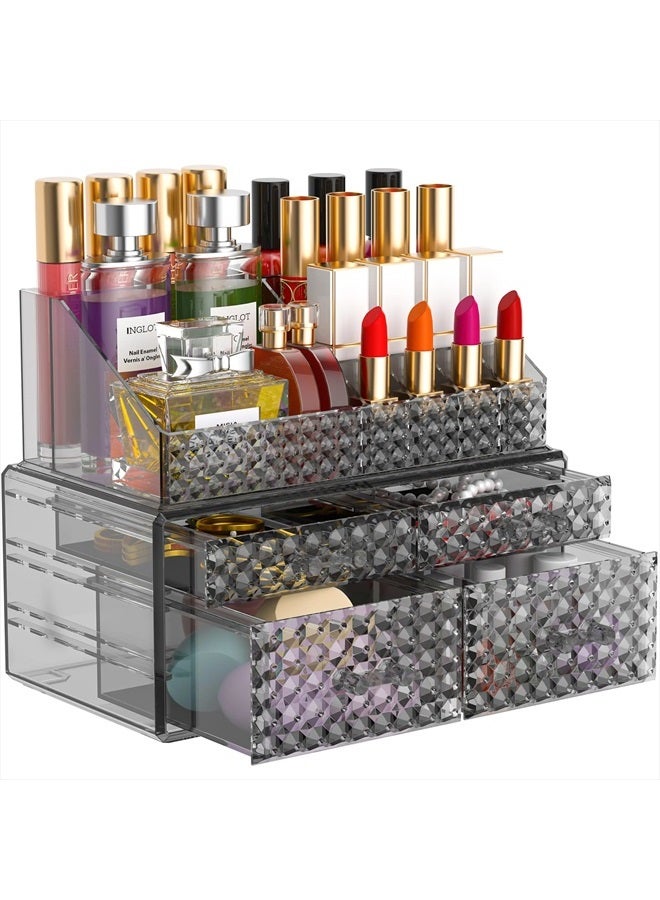 Awenia 2 Pack Stackable Makeup Organizer with Drawers[Upgraded]-Acrylic Make up Organizers and Storage Case for Cosmetics,Brush,Perfume,Jewelry Display, Vanity and Bathroom Accessories(Gray-4 Drawers, 2 Adju - Image 1