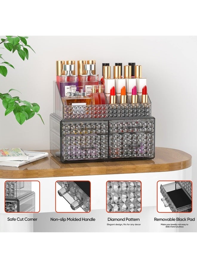 Awenia 2 Pack Stackable Makeup Organizer with Drawers[Upgraded]-Acrylic Make up Organizers and Storage Case for Cosmetics,Brush,Perfume,Jewelry Display, Vanity and Bathroom Accessories(Gray-4 Drawers, 2 Adju - Image 3