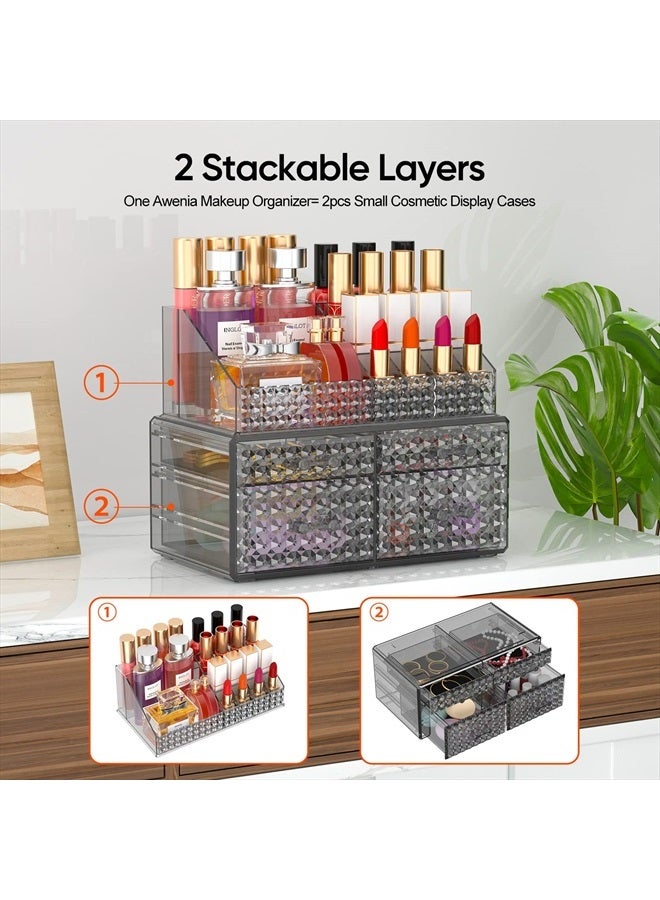 Awenia 2 Pack Stackable Makeup Organizer with Drawers[Upgraded]-Acrylic Make up Organizers and Storage Case for Cosmetics,Brush,Perfume,Jewelry Display, Vanity and Bathroom Accessories(Gray-4 Drawers, 2 Adju - Image 2