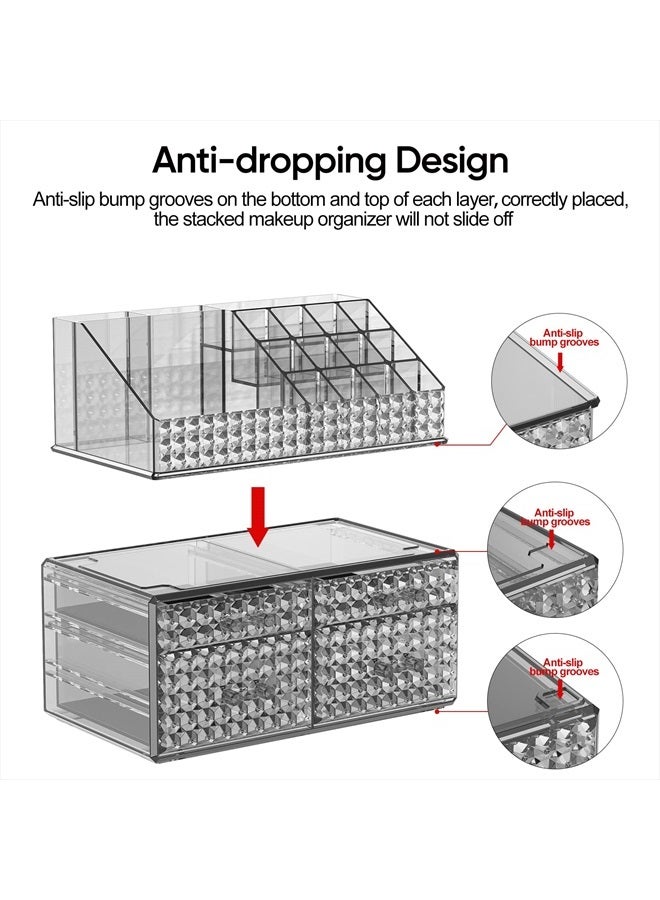 Awenia 2 Pack Stackable Makeup Organizer with Drawers[Upgraded]-Acrylic Make up Organizers and Storage Case for Cosmetics,Brush,Perfume,Jewelry Display, Vanity and Bathroom Accessories(Gray-4 Drawers, 2 Adju - Image 4
