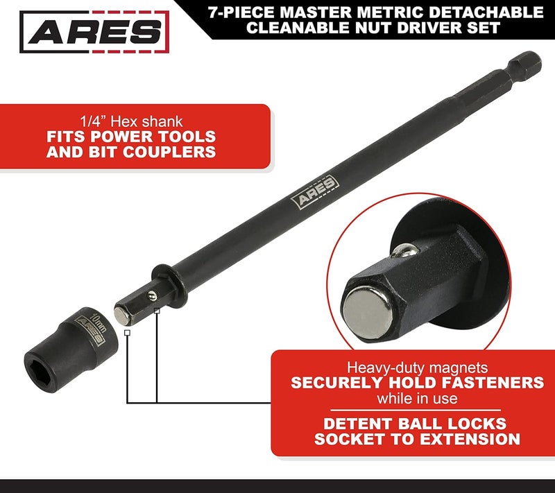 ARES 27087 – Nut Driver Set – Metric Magnetic 7-Piece – Detachable and Cleanable – Radial 6 Point Drive Sockets Load on Flats - Removable Socket Ends for Easy Cleaning – Heavy Duty CR-V Steel - Image 3