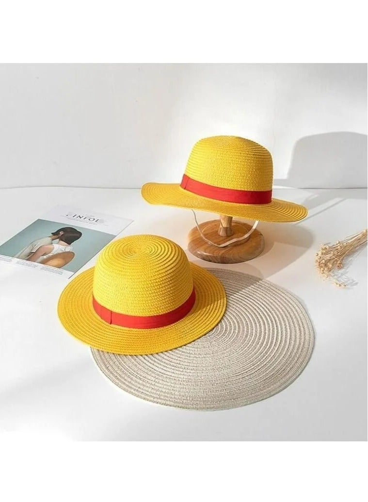 general 1 Piece Luffy Straw Hat Anime Cartoon Sunscreen Straw Hat Japanese Cosplay Hooded Straw Hat Neck Rope Luffy Flat Top Hat Adult  - Image 1
