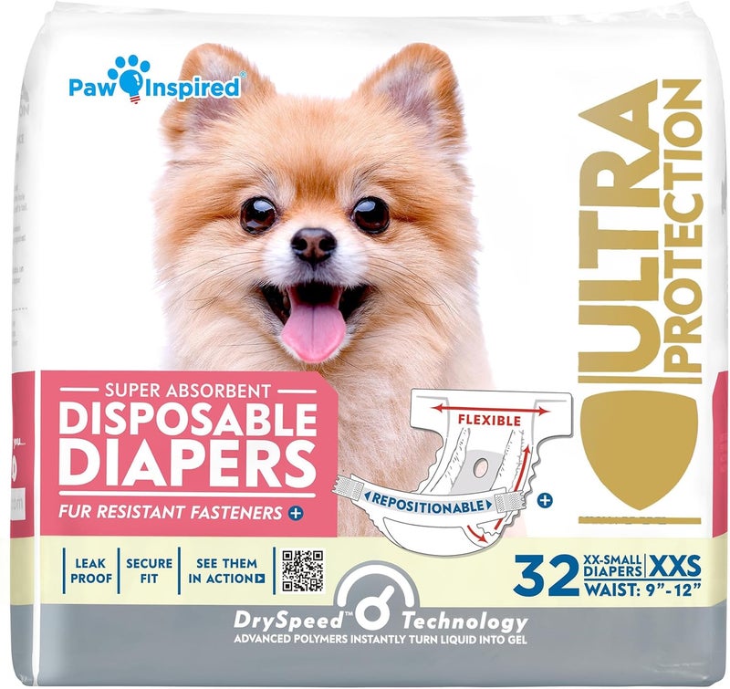 Paw Inspired مناديل صحية للكلاب قابلة للتخلص من ماركة Paw Inspired، سعة 32 قطعة | مناديل صحية للكلاب الإناث بحماية فائقة | مناسبة للكلاب في فترة الحرارة، أو التي تعاني من مشاكل في التبول أو عدم القدرة على التحكم في التبول (حجم XXS، 32 قطعة) - Image 1