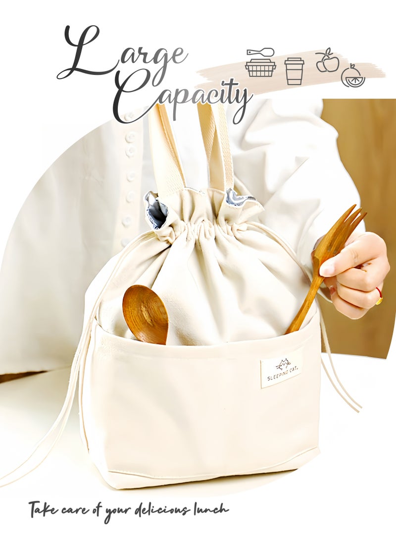Generic - Thermal Insulated Canvas Lunch Box Bag for Men Ladies Kids with Strap Handles,Office Lunch Bag,White,Wide Open Easy to Clean,Double-layer Insulated Large Size, Waterproof,Oilproof,Multi-pocket Easy to Separate Lunch Boxes,Fruit,Tableware,Drinks, for Office Work School Picnics Travel 32X28X11cm(13X11X4inch) - Image 1